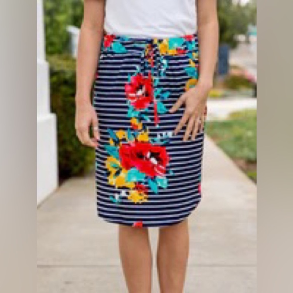 Tickled Teal Stripes & Flower Skirt Size Large